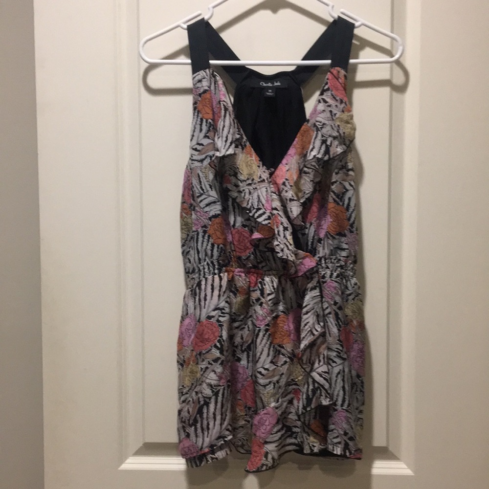 Charlie Jade women Floral ruffle silk top Sleeveless stitch wrap elastic size M